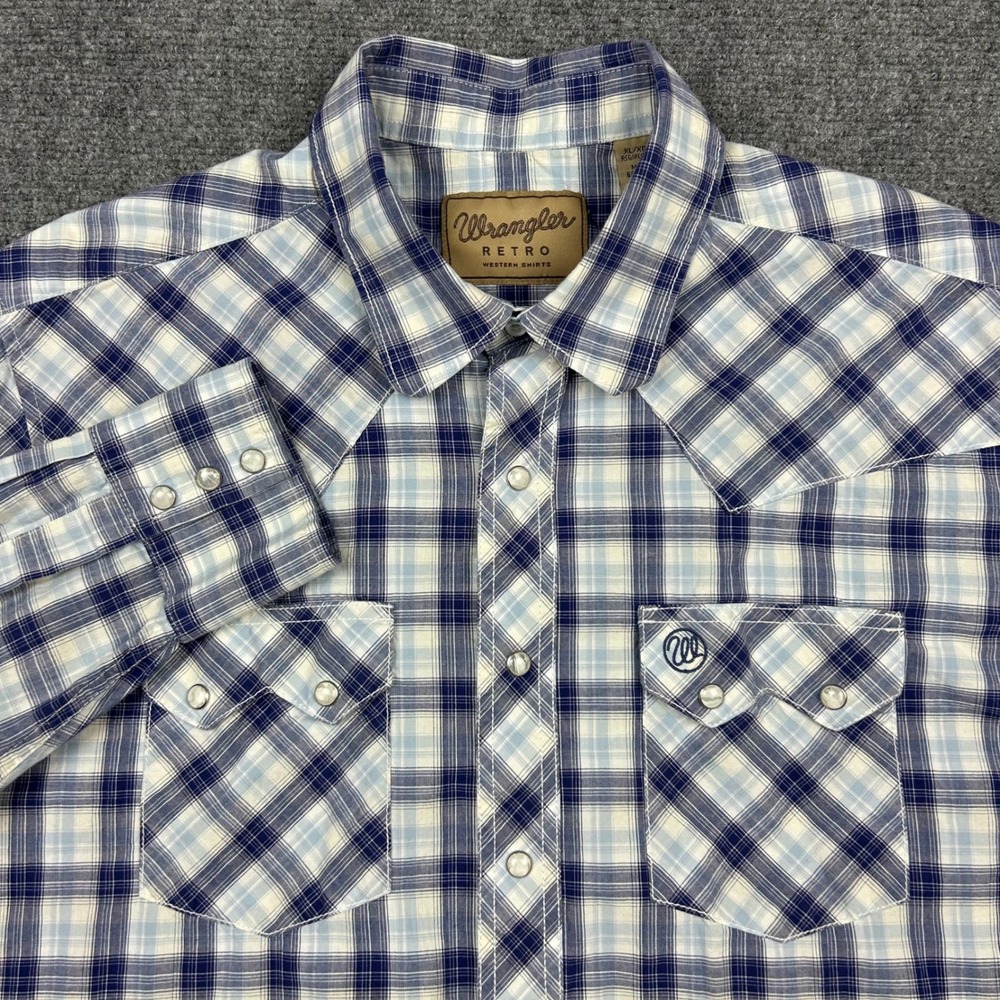 Wrangler Retro Western Shirt Mens XL Blue White Plaid Pearl Snap Long Sleeve